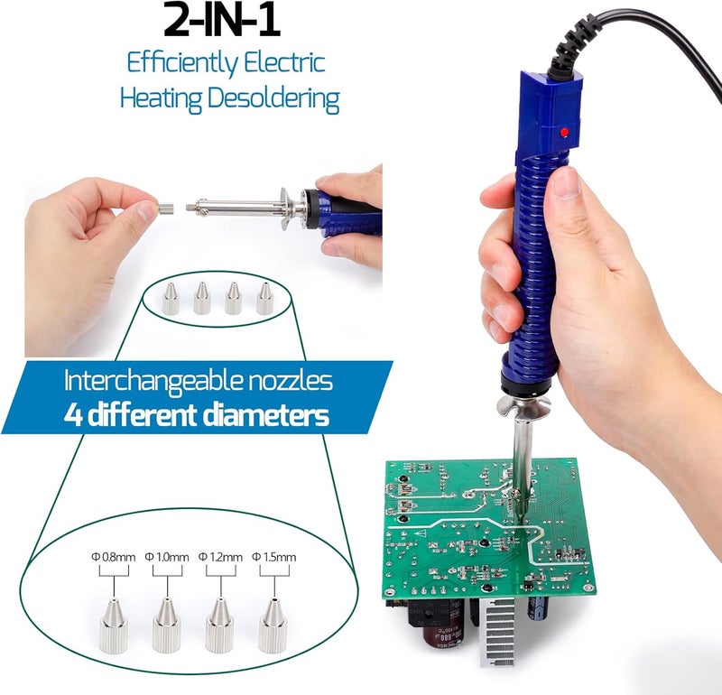 WeP 929D-V 2 IN 1 Desoldering Iron Electric Solder Sucker with 5 Nozzles 0.8/1.0/1.2/1.5mm Soldering Tool Kit with Built-in Desoldering Pump, Iron Stand, Sponge, Cleaning Pin Solder Remover - Image 2